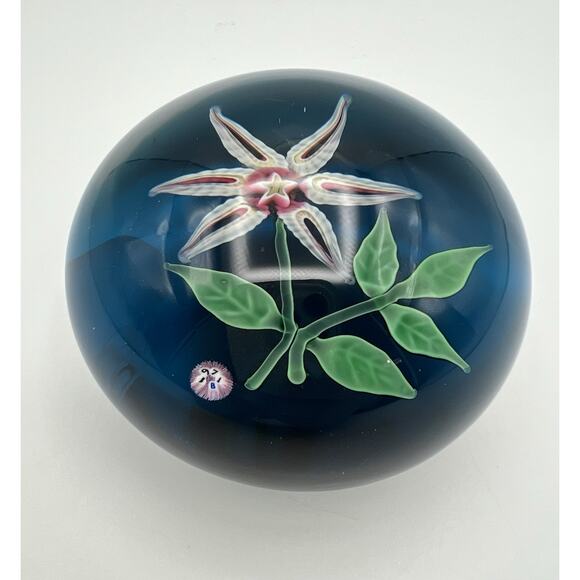 Vintage BACCARAT White & Pink Flower Blue Base Lampwork Paperweight Signed 1971 - Picture 2 of 11